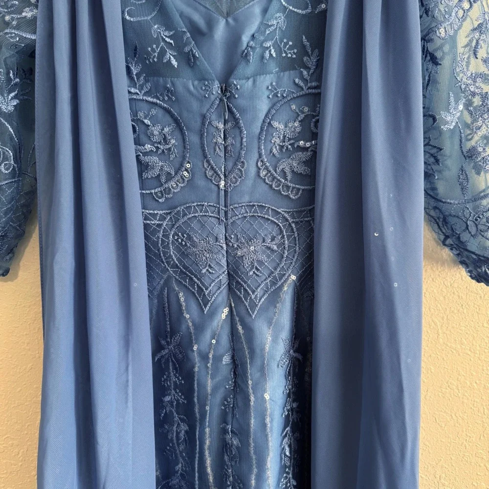 NWT JJ's House Jostelle Slate Blue Sequin Sheath Dress Cowl Neck Back Sash 12